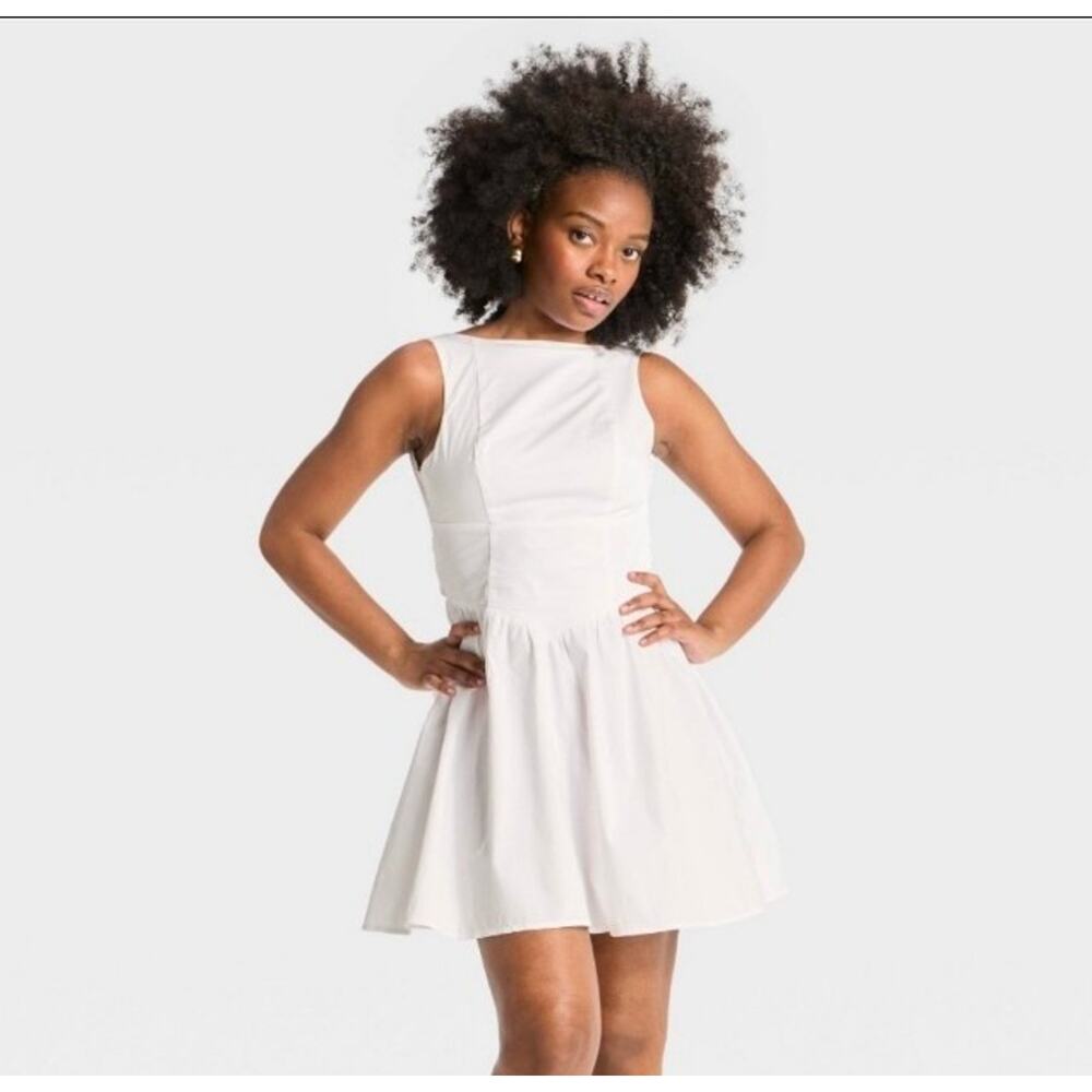 #108 MSRP $30 NWT WILD FABLE WHITE BOW-BACK MINI A-LINE DRESS ♡SIZE L♡